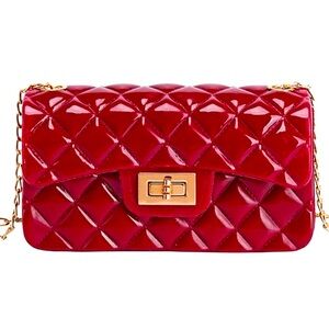 Red Quilted Jelly Crossbody with Gold Chain